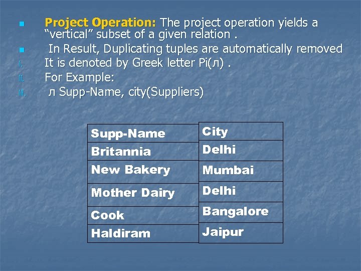 n n i. iii. Project Operation: The project operation yields a “vertical” subset of