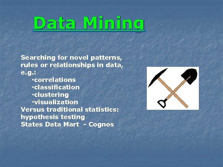 Data Mining Searching for novel patterns, rules or relationships in data, e. g. :