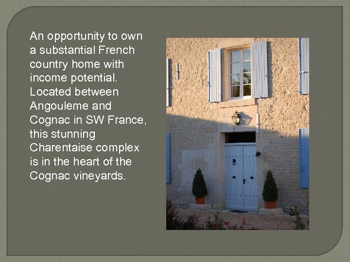 An opportunity to own a substantial French country home with income potential. Located between