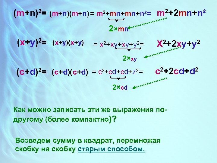 (m+n)2= (m+n) = m 2+mn+mn+n²= m 2+2 mn+n² 2×mn (x+y)2= (x+y) = x 2+xy+xy+y