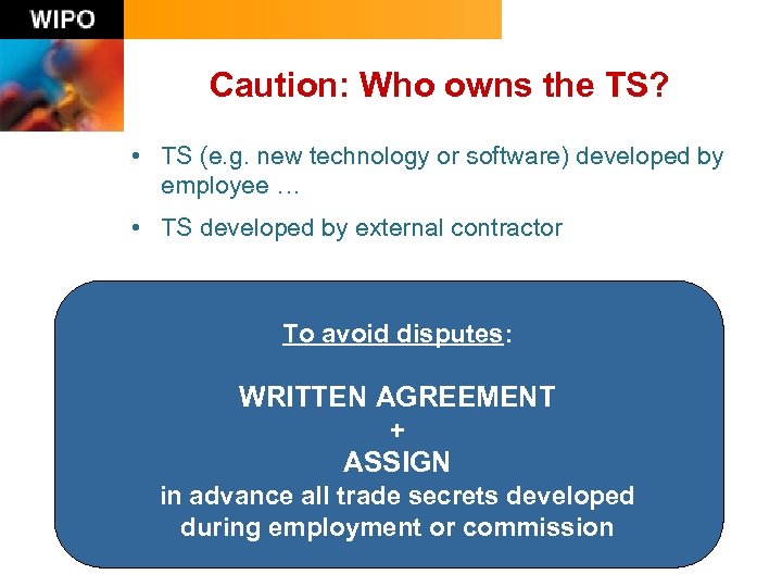 Caution: Who owns the TS? • TS (e. g. new technology or software) developed