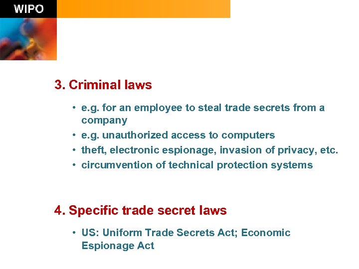 3. Criminal laws • e. g. for an employee to steal trade secrets from