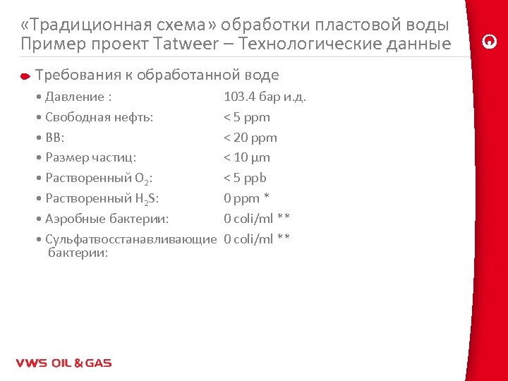  «Традиционная схема» обработки пластовой воды Пример проект Tatweer – Технологические данные Требования к