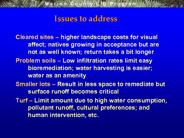 Marion County LID Program Issues to address Cleared sites – higher landscape costs for