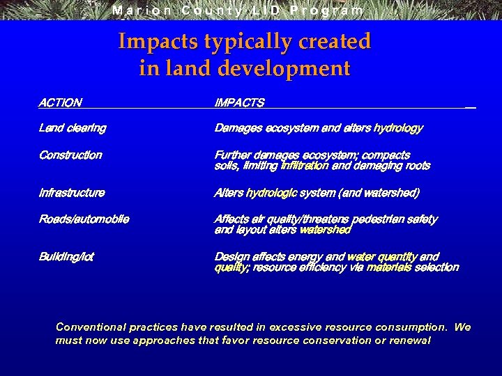 Marion County LID Program Impacts typically created in land development ACTION IMPACTS Land clearing