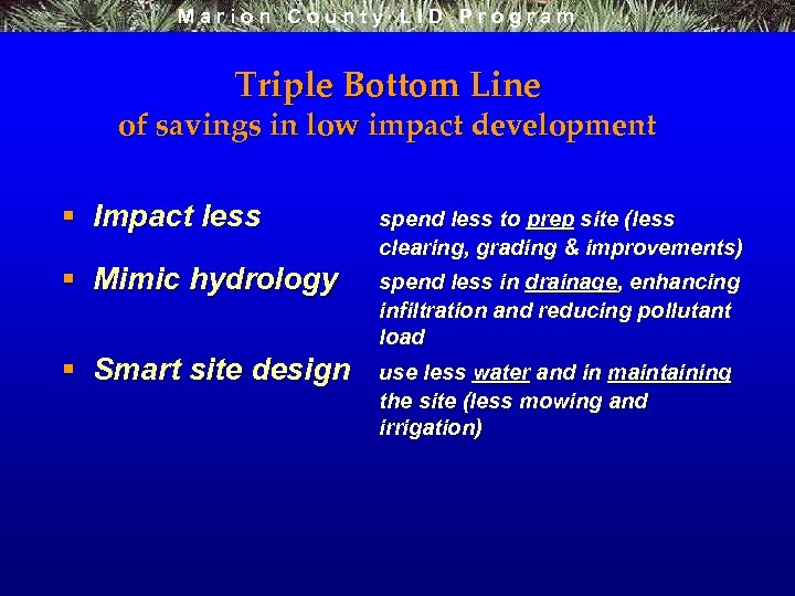Marion County LID Program Triple Bottom Line of savings in low impact development §
