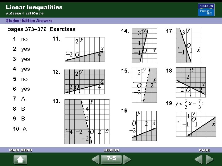 Linear Inequalities ALGEBRA 1 LESSON 7 -5 pages 373– 376 Exercises 1. no 14.