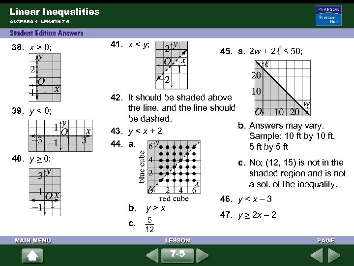 Linear Inequalities ALGEBRA 1 LESSON 7 -5 38. x > 0; 39. y <