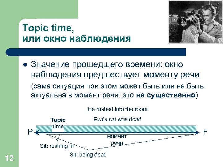 Topic time, или окно наблюдения l Значение прошедшего времени: окно наблюдения предшествует моменту речи