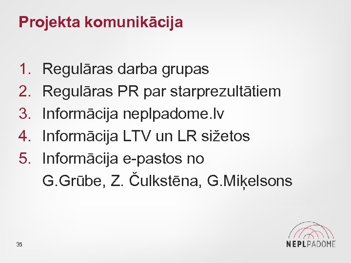 Projekta komunikācija 1. 2. 3. 4. 5. 35 Regulāras darba grupas Regulāras PR par