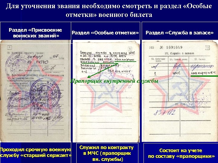 Для уточнения звания необходимо смотреть и раздел «Особые отметки» военного билета Раздел «Присвоение воинских