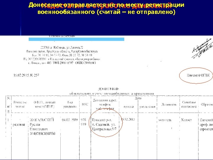 Донесение отправляется не по месту регистрации Недостатки в отработке донесений военнообязанного (считай – не
