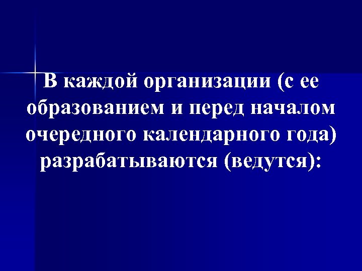 В каждой организации (с ее образованием и перед началом очередного календарного года) разрабатываются (ведутся):