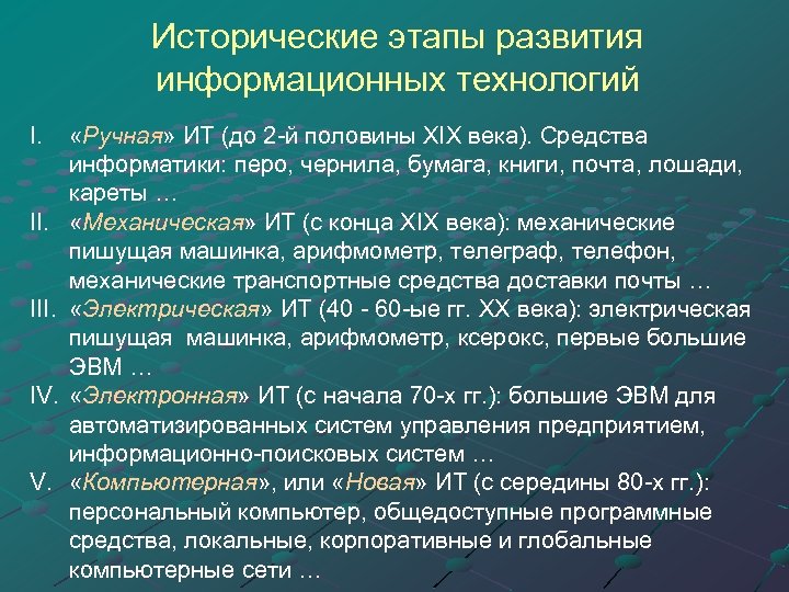 Исторические этапы развития информационных технологий I. III. IV. V. «Ручная» ИТ (до 2 -й