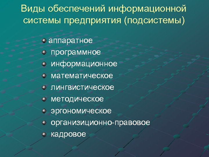 Виды обеспечений информационной системы предприятия (подсистемы) аппаратное программное информационное математическое лингвистическое методическое эргономическое организиционно-правовое