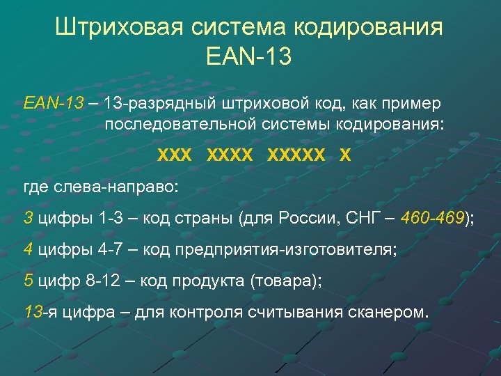 Штриховая система кодирования EAN-13 – 13 -разрядный штриховой код, как пример последовательной системы кодирования: