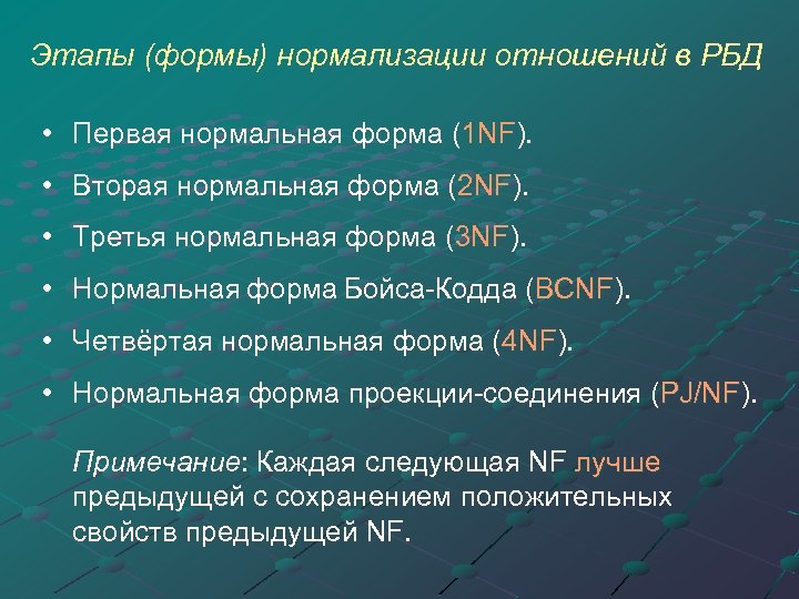 Этапы (формы) нормализации отношений в РБД • Первая нормальная форма (1 NF). NF •