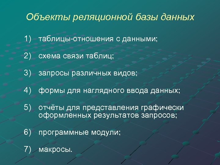 Объекты реляционной базы данных 1) таблицы-отношения с данными; 2) схема связи таблиц; 3) запросы