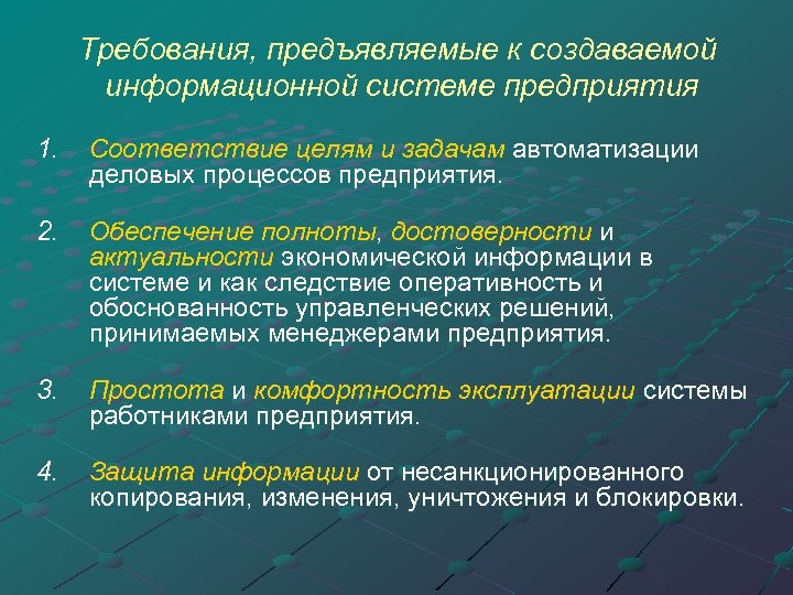 Требования, предъявляемые к создаваемой информационной системе предприятия 1. 2. Соответствие целям и задачам автоматизации