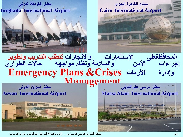  ﻣﻴﻨﺎﺀ ﺍﻟﻘﺎﻫﺮﺓ ﺍﻟﺠﻮﻯ Cairo International Airport ﻣﻄﺎﺭ ﺍﻟﻐﺮﺩﻗﺔ ﺍﻟﺪﻭﻟﻰ Hurghada International Airport ﻭﺍﻹﻧﺠﺎﺯﺍﺕ