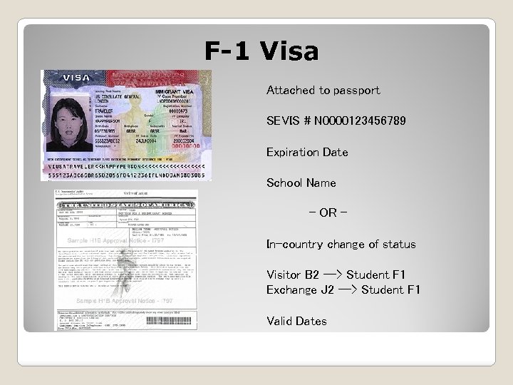 F-1 Visa Attached to passport SEVIS # N 0000123456789 Expiration Date School Name -