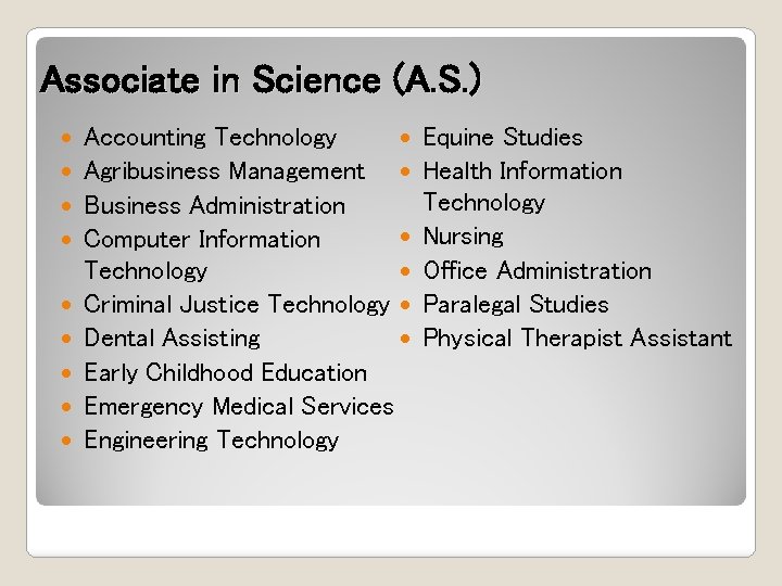 Associate in Science (A. S. ) Accounting Technology Agribusiness Management Business Administration Computer Information