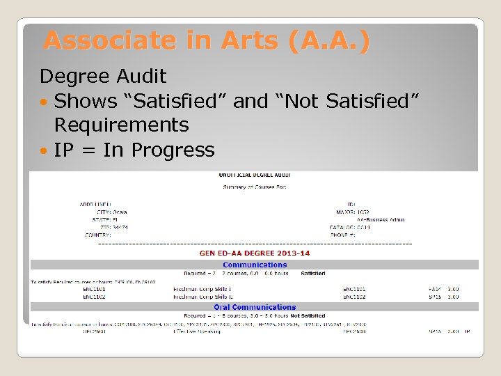 Associate in Arts (A. A. ) Degree Audit Shows “Satisfied” and “Not Satisfied” Requirements