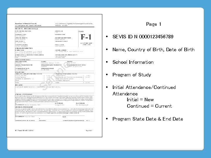 Page 1 • SEVIS ID N 0000123456789 • Name, Country of Birth, Date of