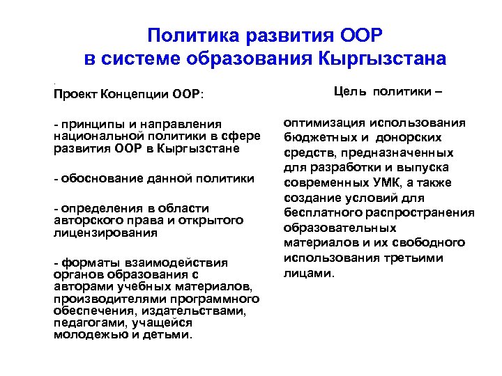 Политика развития ООР в системе образования Кыргызстана. Проект Концепции ООР: - принципы и направления