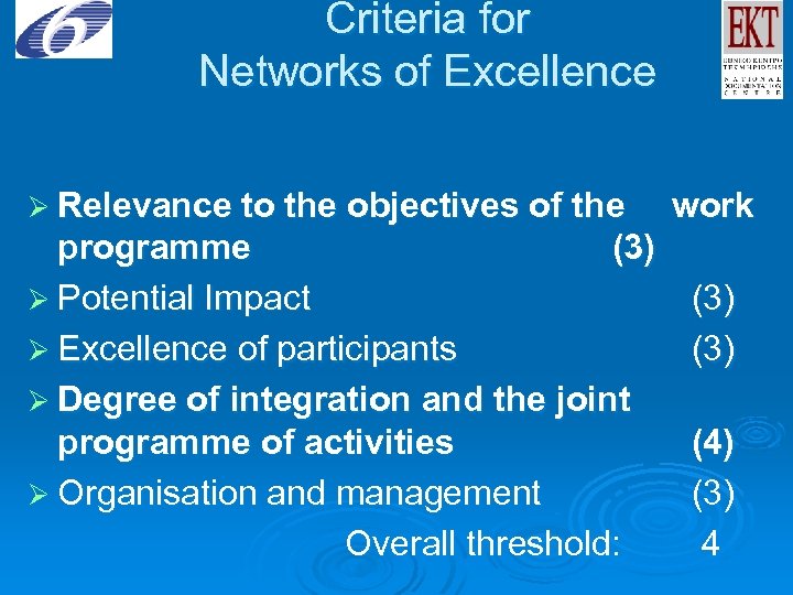 Criteria for Networks of Excellence Ø Relevance to the objectives of the work programme