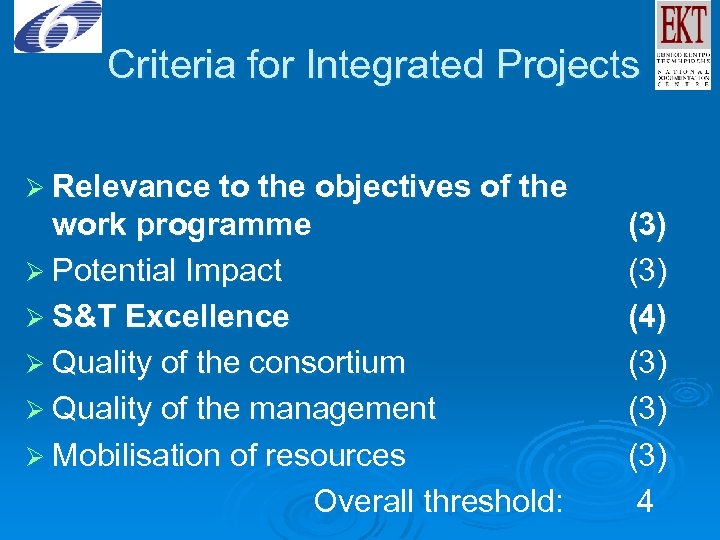 Criteria for Integrated Projects Ø Relevance to the objectives of the work programme Ø