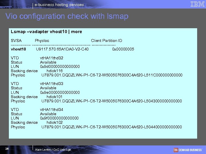 e-business hosting services Vio configuration check with lsmap Lsmap –vadapter vhost 10 | more