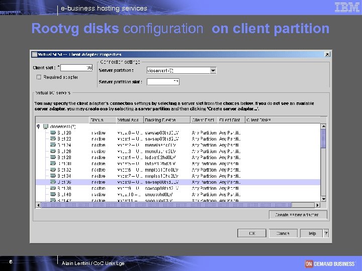 e-business hosting services Rootvg disks configuration on client partition 6 Alain Lentini / Co.