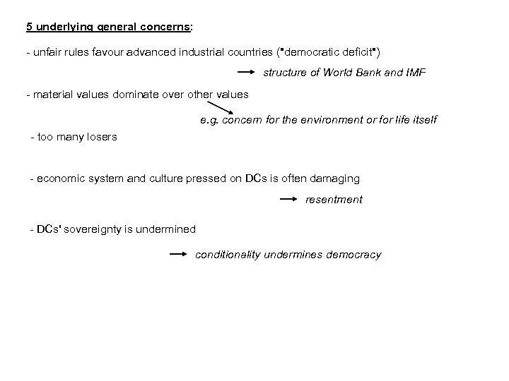 5 underlying general concerns: - unfair rules favour advanced industrial countries ("democratic deficit") structure