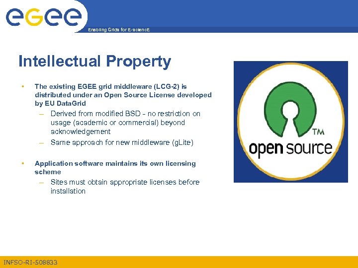 Enabling Grids for E-scienc. E Intellectual Property • The existing EGEE grid middleware (LCG-2)