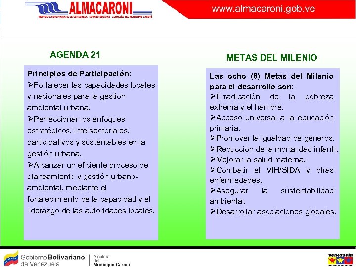 AGENDA 21 Principios de Participación: ØFortalecer las capacidades locales y nacionales para la gestión