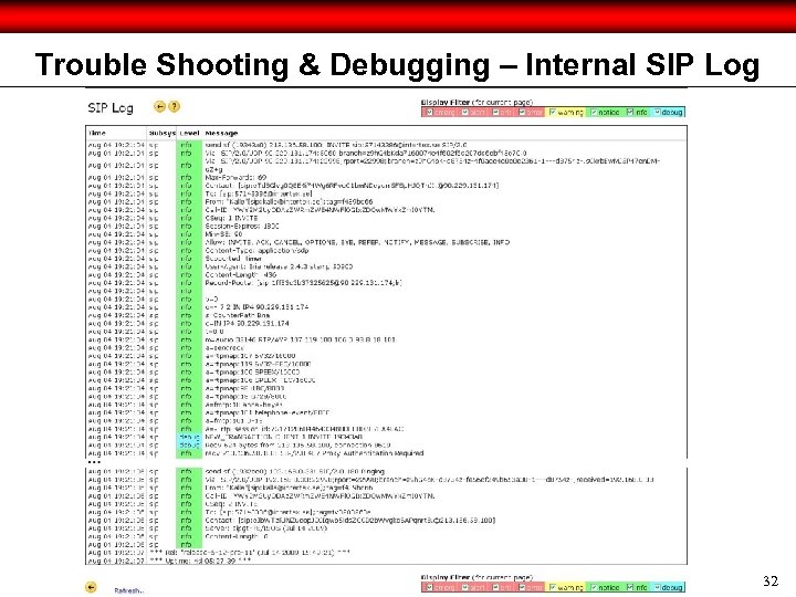 Trouble Shooting & Debugging – Internal SIP Log 32 