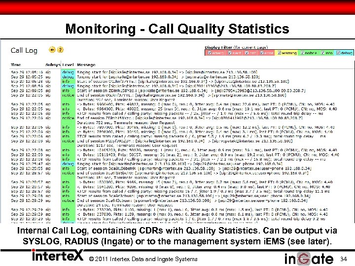 Monitoring - Call Quality Statistics Internal Call Log, containing CDRs with Quality Statistics. Can