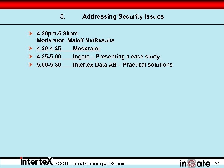 5. Addressing Security Issues Ø 4: 30 pm-5: 30 pm Moderator: Maloff Net. Results