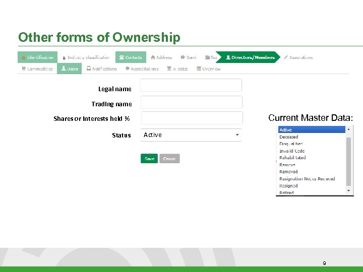 Other forms of Ownership Legal name Trading name Current Master Data: Shares or interests