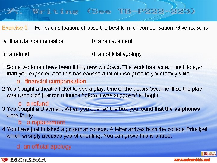 Exercise 5 For each situation, choose the best form of compensation. Give reasons. a