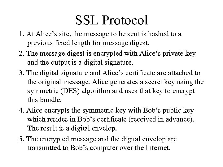 SSL Protocol 1. At Alice’s site, the message to be sent is hashed to