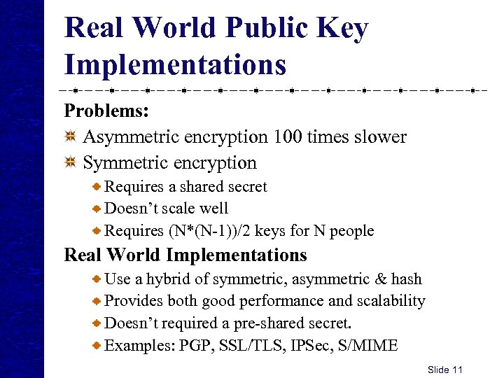 Real World Public Key Implementations Problems: Asymmetric encryption 100 times slower Symmetric encryption Requires