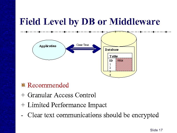 Field Level by DB or Middleware Application Clear Text Database Table ID 1 2