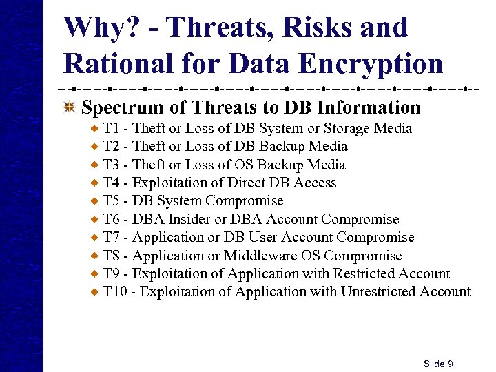 Why? - Threats, Risks and Rational for Data Encryption Spectrum of Threats to DB