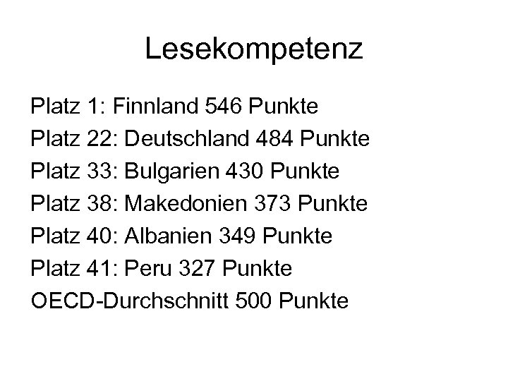 Lesekompetenz Platz 1: Finnland 546 Punkte Platz 22: Deutschland 484 Punkte Platz 33: Bulgarien