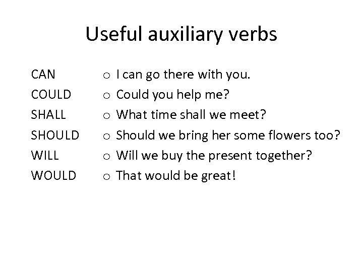 Useful auxiliary verbs CAN COULD SHALL SHOULD WILL WOULD o o o I can