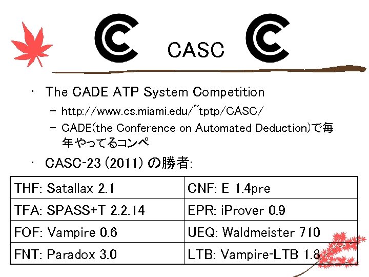 CASC • The CADE ATP System Competition – http: //www. cs. miami. edu/~tptp/CASC/ –