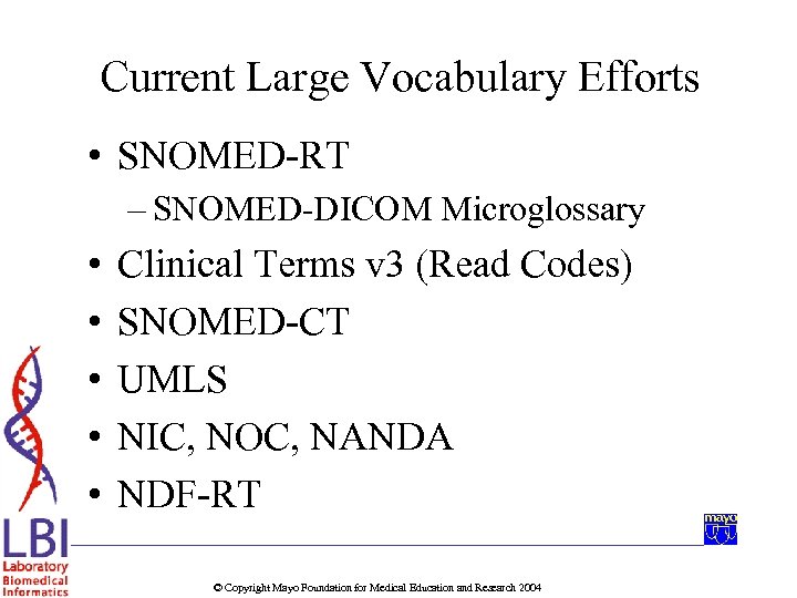 Current Large Vocabulary Efforts • SNOMED-RT – SNOMED-DICOM Microglossary • • • Clinical Terms