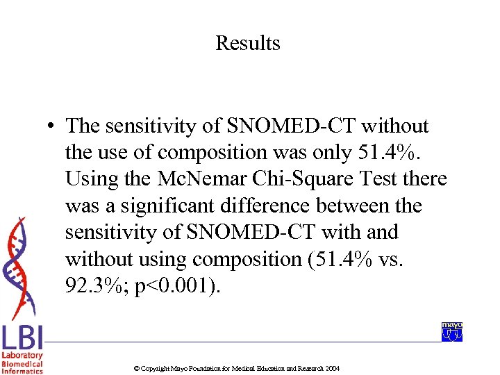 Results • The sensitivity of SNOMED-CT without the use of composition was only 51.